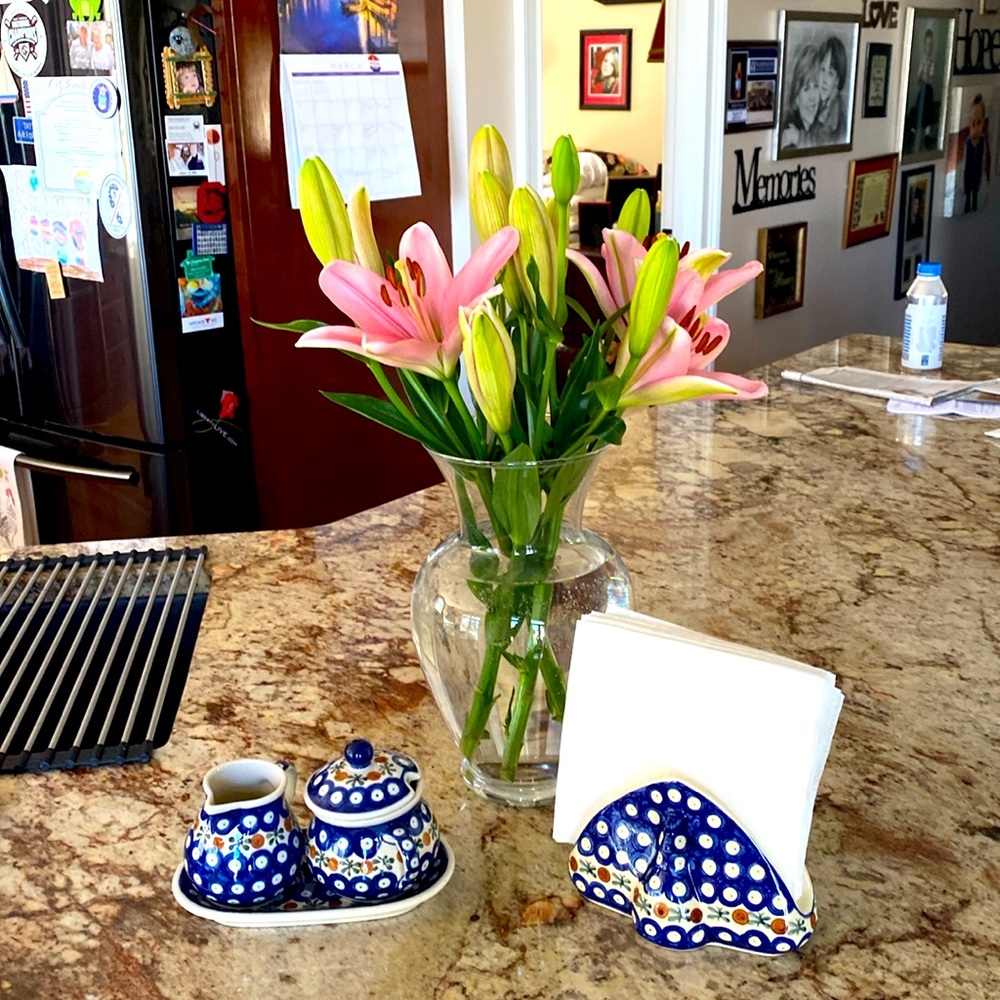 Polish pottery- Creamer pitcher, sugar bowl ( with holder) and napkin holder .